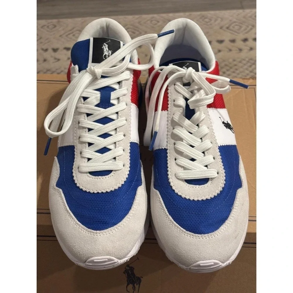 Polo Ralph Lauren Train 85 Sneakers Red White Blue Suede Mesh Mens Shoes